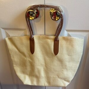 Cream light yellow Woven Tote Bag with Brown Handles
